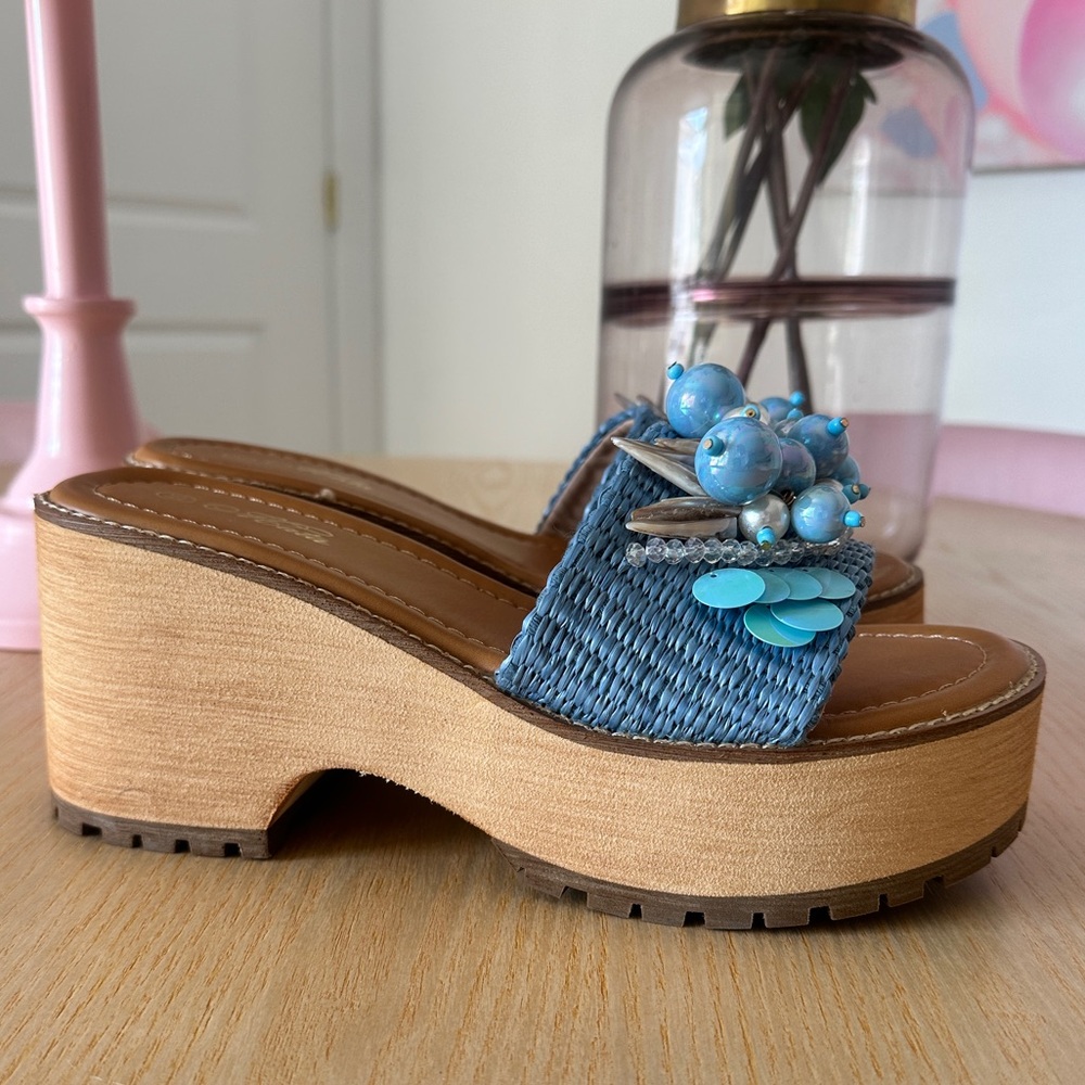 Blue Beaded Women's Platform Sandals